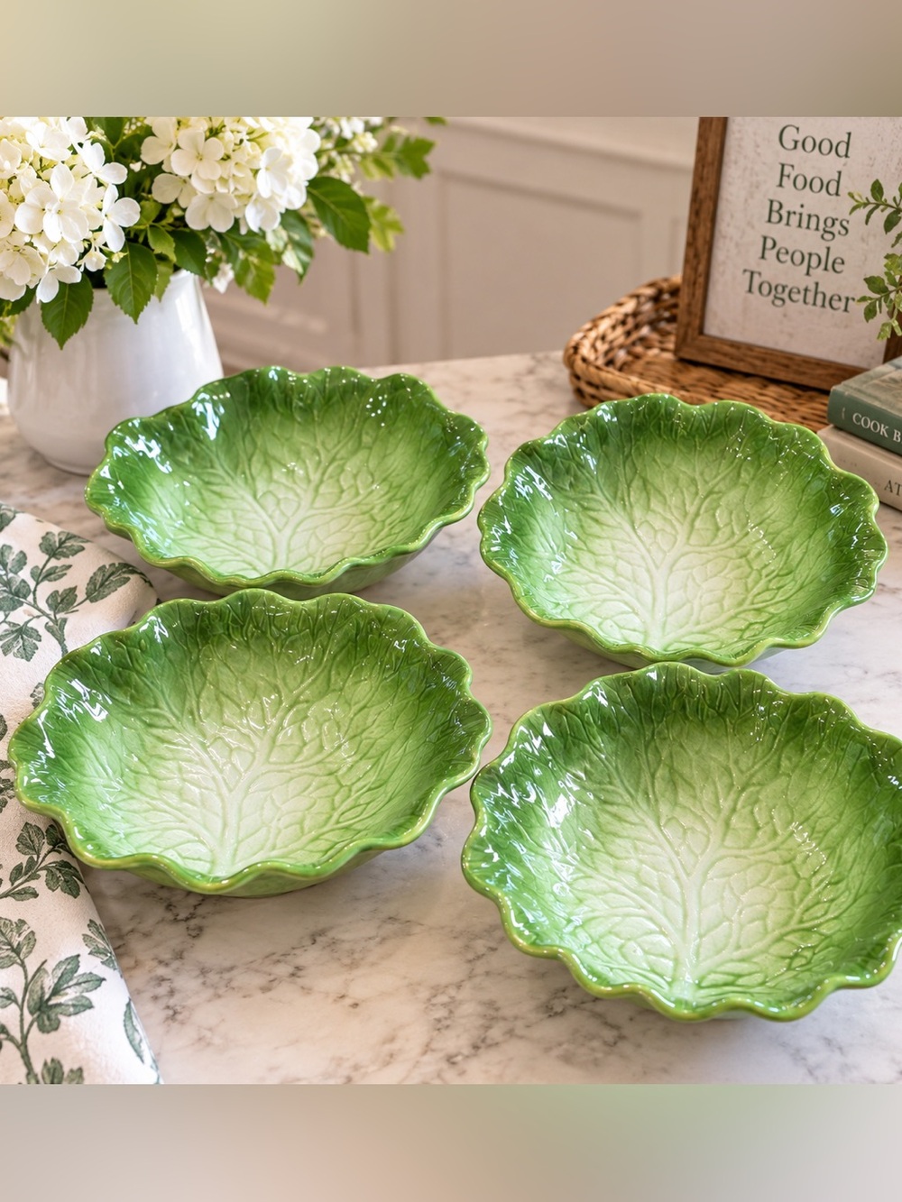 Vintage Green Cabbage Leaf Bowls Set of 4 Made in USA 7.75”